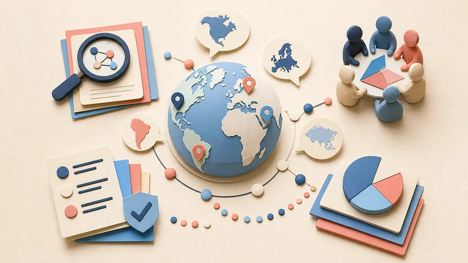 Helle Papercraft-Illustration zum Ratgeber Mehrsprachige GEO-Strategie