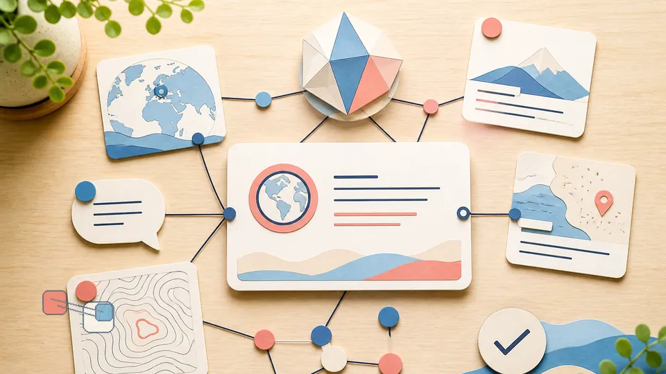 Helle Papercraft-Illustration zum Ratgeber GEO-Audit Schritt für Schritt
