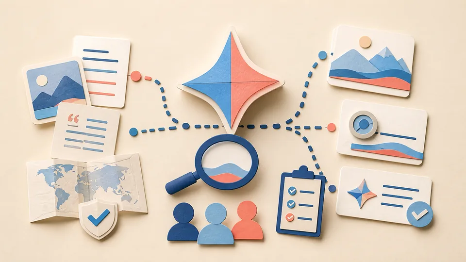 Helle Papercraft-Illustration zum Ratgeber Gemini und Google Suche