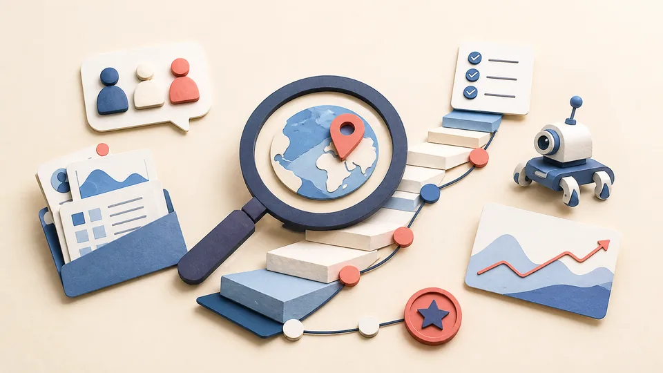Helle Papercraft-Illustration zum Ratgeber GEO-Audit Schritt für Schritt