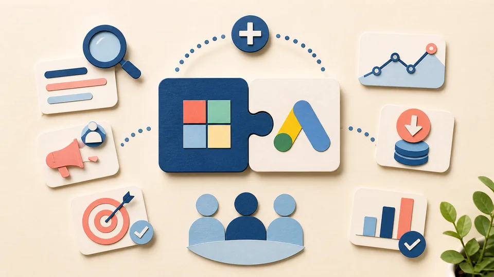 Helle Papercraft-Illustration zum Ratgeber Microsoft Advertising als Ergänzung