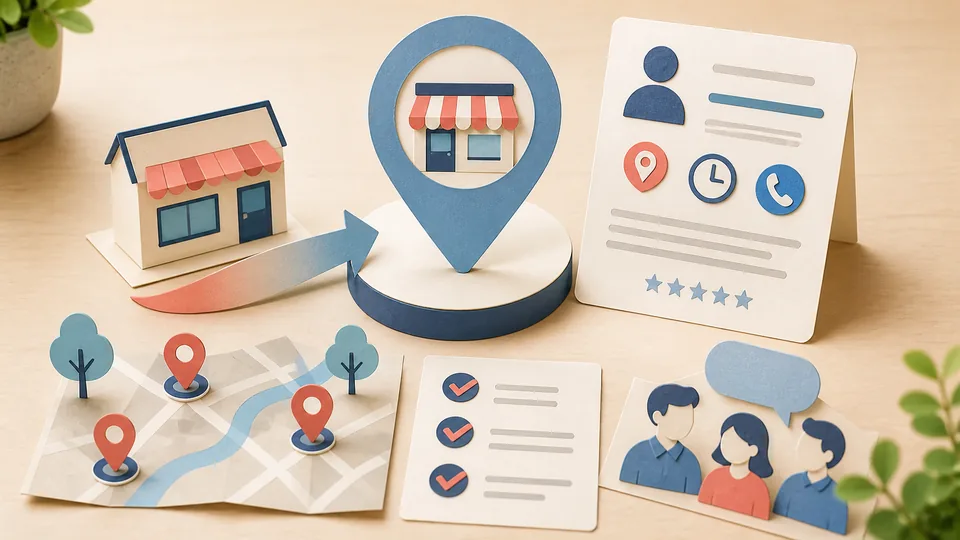 Helle Papercraft-Illustration zum Ratgeber Google My Business wird Unternehmensprofil