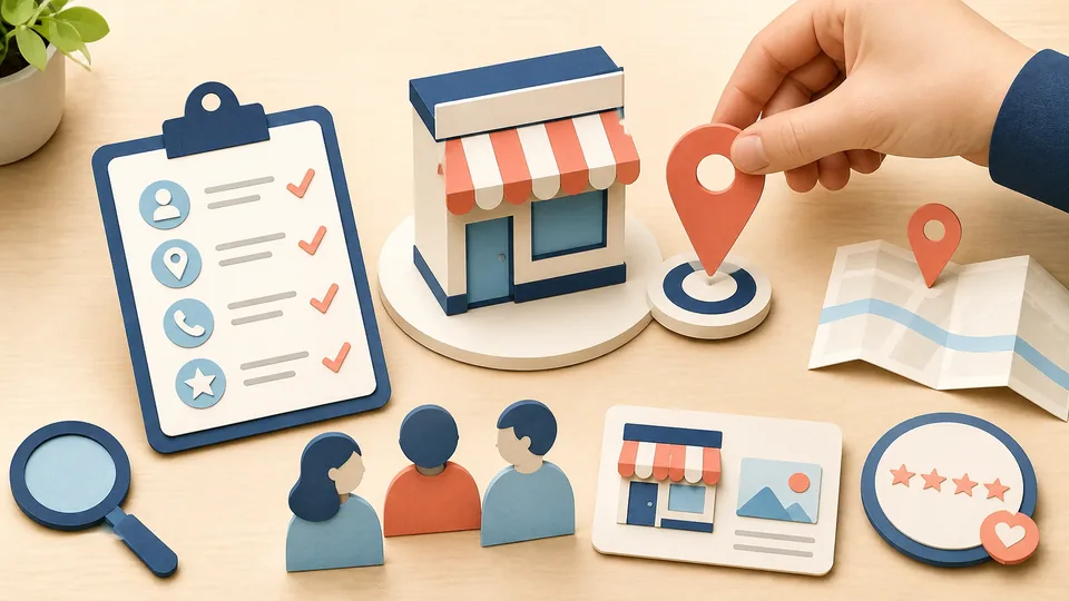 Helle Papercraft-Illustration zum Ratgeber Google Unternehmensprofil anlegen