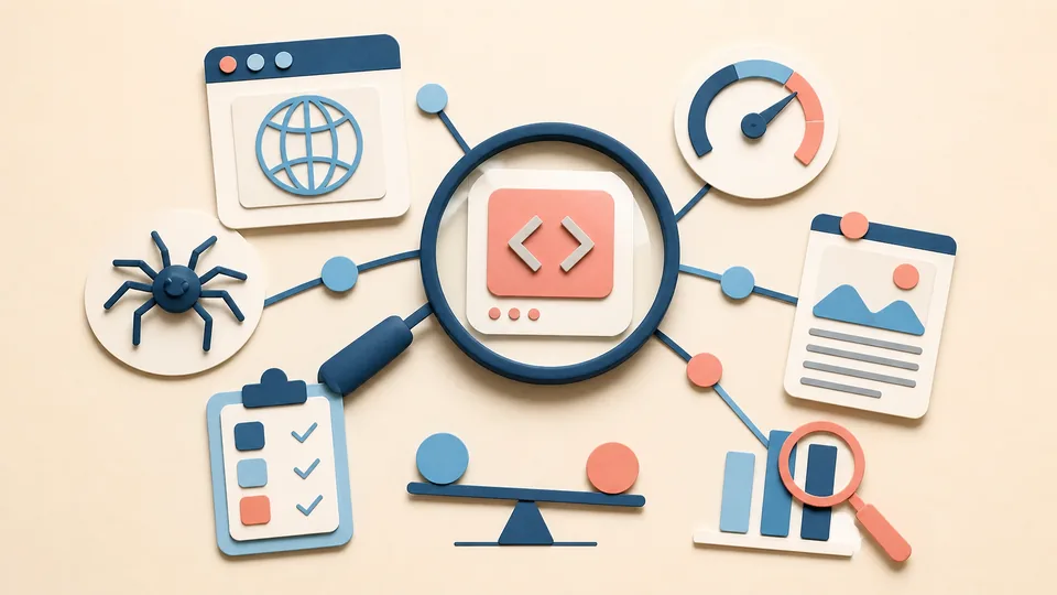 Helle Papercraft-Illustration zum Ratgeber JavaScript SEO prüfen