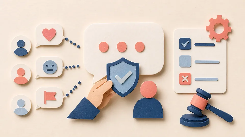 Helle Papercraft-Illustration zum Ratgeber Kommentarregeln und Moderation