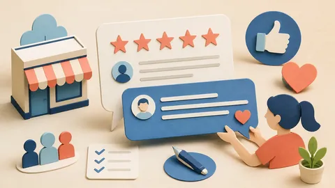 Helle Papercraft-Illustration zum Ratgeber Auf Bewertungen professionell antworten
