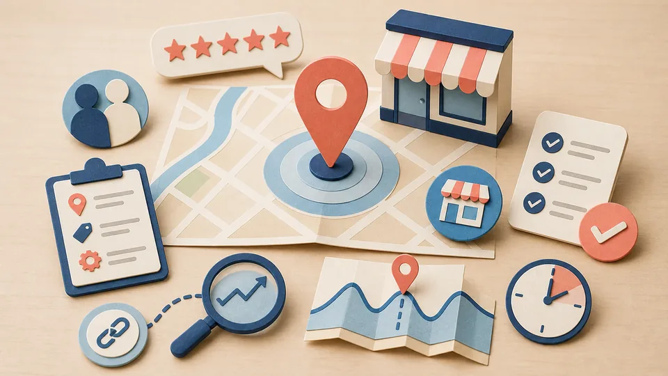 Helle Papercraft-Illustration zum Ratgeber Rankings in Google Maps