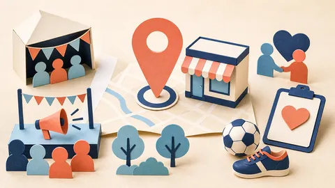 Helle Papercraft-Illustration zum Ratgeber Events und Sponsoring für Local SEO