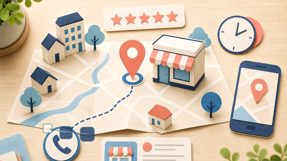 Helle Papercraft-Illustration zum Ratgeber Local SEO für Kanzleien