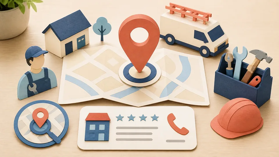 Helle Papercraft-Illustration zum Ratgeber Local SEO für Handwerksbetriebe