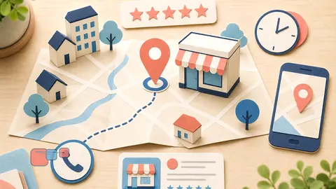Helle Papercraft-Illustration zum Ratgeber Local SEO für Hotels