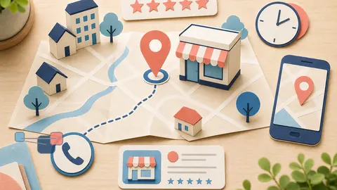 Helle Papercraft-Illustration zum Ratgeber Local-SEO-Audit Schritt für Schritt