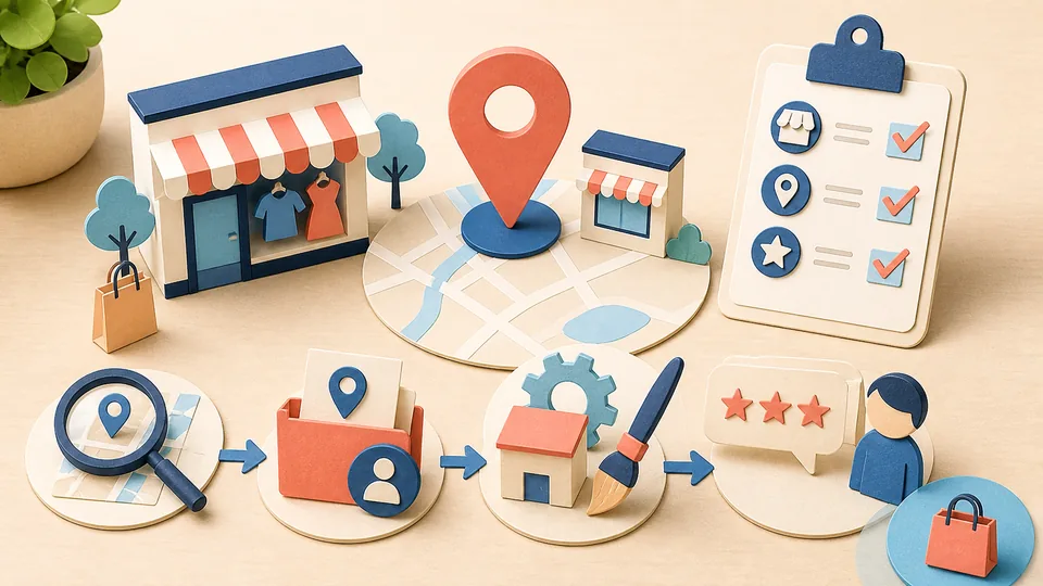 Helle Papercraft-Illustration zum Ratgeber Local SEO für Einzelhandel