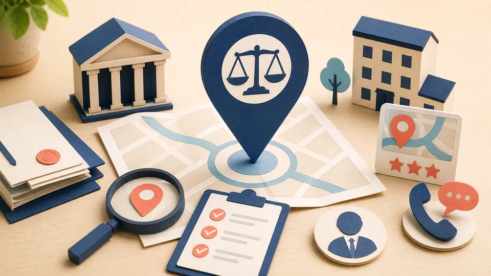 Helle Papercraft-Illustration zum Ratgeber Local SEO für Kanzleien