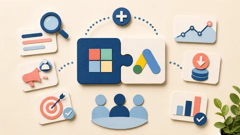 Helle Papercraft-Illustration zum Ratgeber Microsoft Advertising als Ergänzung
