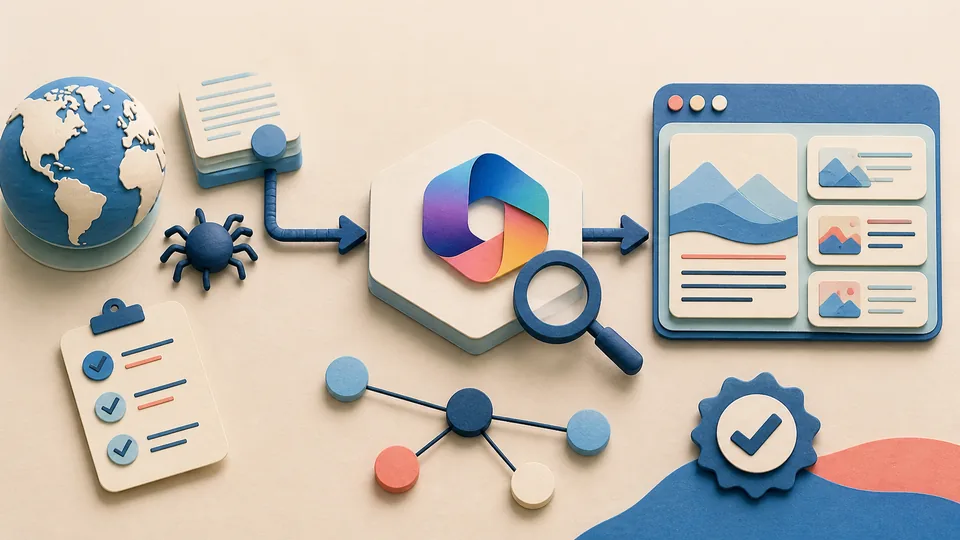 Helle Papercraft-Illustration zum Ratgeber Microsoft Copilot und Bing Search