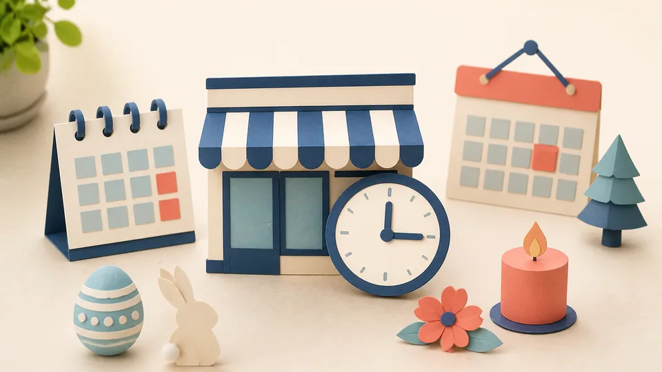 Helle Papercraft-Illustration zum Ratgeber Öffnungszeiten und Feiertage