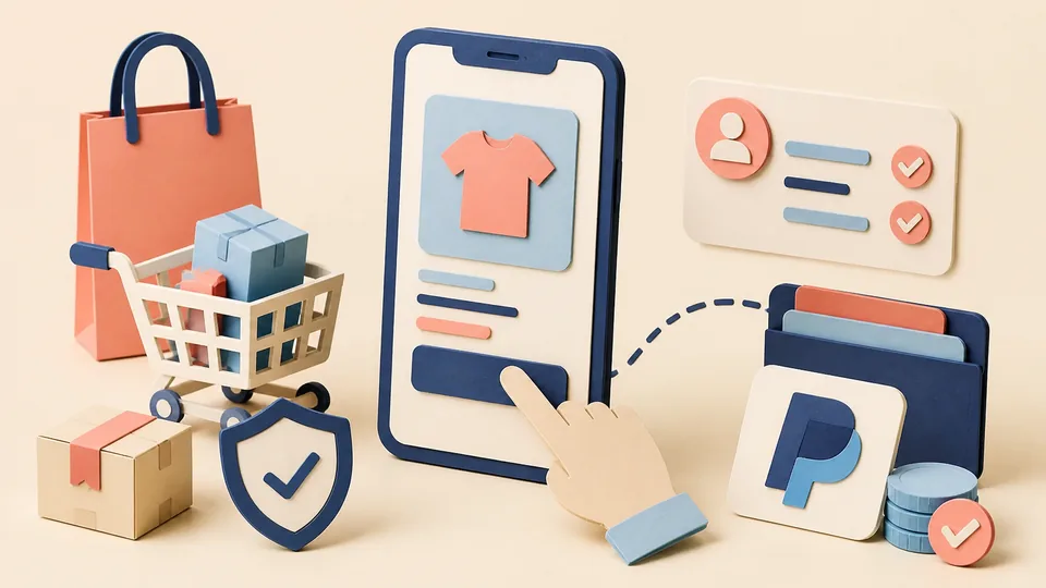 Helle Papercraft-Illustration zum Ratgeber PayPal im Onlineshop
