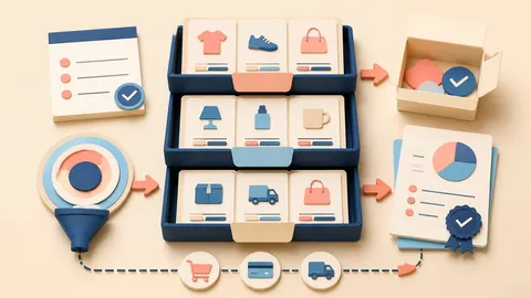 Helle Papercraft-Illustration zum Ratgeber Produktdaten sauber organisieren