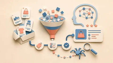 Helle Papercraft-Illustration zum Ratgeber Produktfeeds für KI-Suche