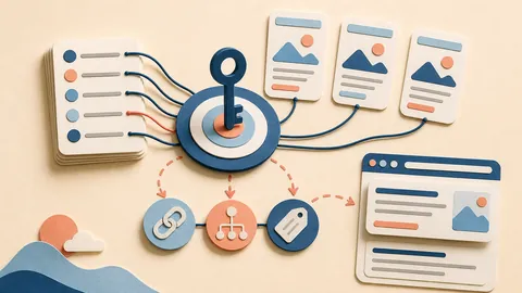 Helle Papercraft-Illustration zum Ratgeber Keyword-Mapping für klare Zielseiten