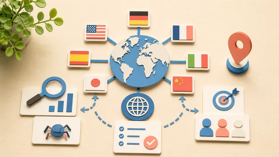 Helle Papercraft-Illustration zum Ratgeber hreflang für internationale Websites