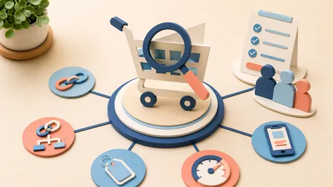 Helle Papercraft-Illustration zum Ratgeber E-Commerce SEO Grundlagen