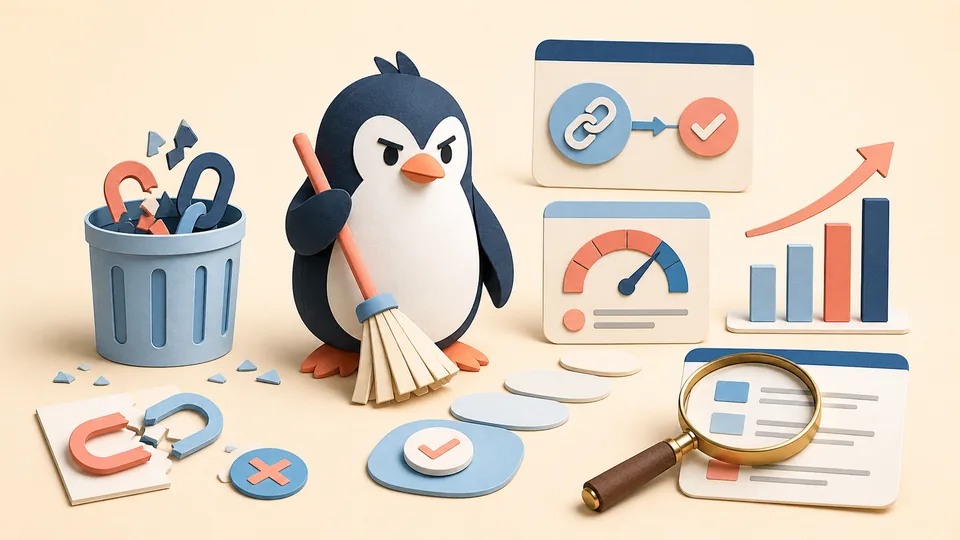 Helle Papercraft-Illustration zum Ratgeber Google Penguin Update: Folgen und Lehren