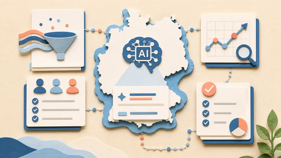 Helle Papercraft-Illustration zum Ratgeber AI Overviews in Deutschland