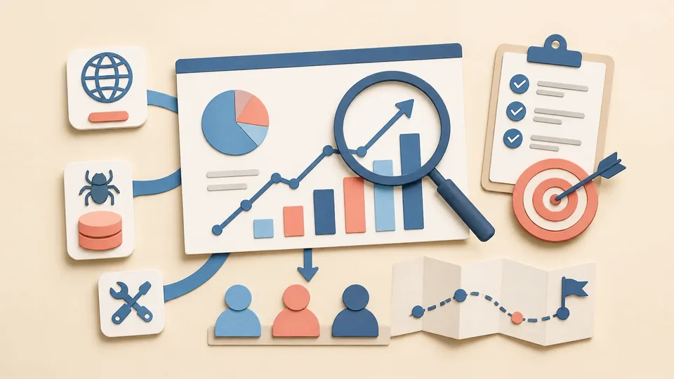 Helle Papercraft-Illustration zum Ratgeber SEO-Reporting mit sinnvollen Kennzahlen
