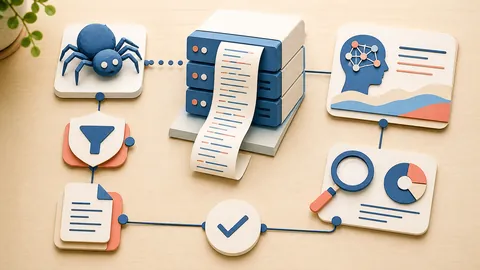 Helle Papercraft-Illustration zum Ratgeber Server-Logs für KI-Crawler
