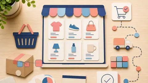 Helle Papercraft-Illustration zum Ratgeber Shopsystem systematisch auswählen