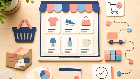 Helle Papercraft-Illustration zum Ratgeber WooCommerce für Unternehmen