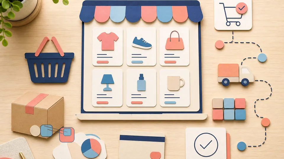 Helle Papercraft-Illustration zum Ratgeber Shopify für Unternehmen