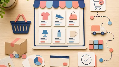 Helle Papercraft-Illustration zum Ratgeber Shopware für Unternehmen