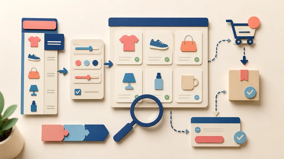 Helle Papercraft-Illustration zum Ratgeber Shop-Navigation gestalten