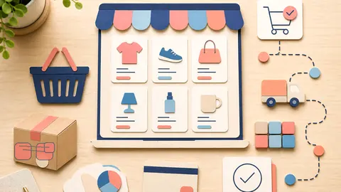 Helle Papercraft-Illustration zum Ratgeber SEO für Onlineshops