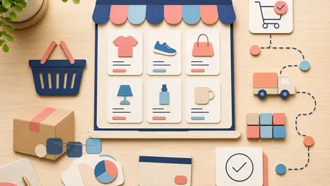 Helle Papercraft-Illustration zum Ratgeber Google Merchant Center einrichten
