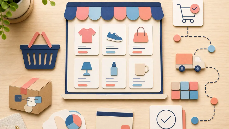 Helle Papercraft-Illustration zum Ratgeber Multichannel-Commerce organisieren