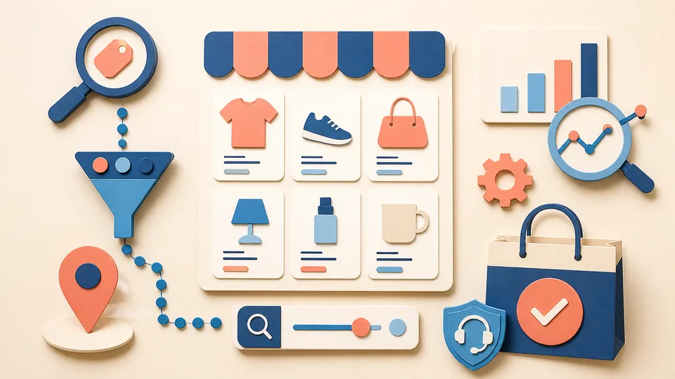 Helle Papercraft-Illustration zum Ratgeber Shop-Kategorieseiten für SEO