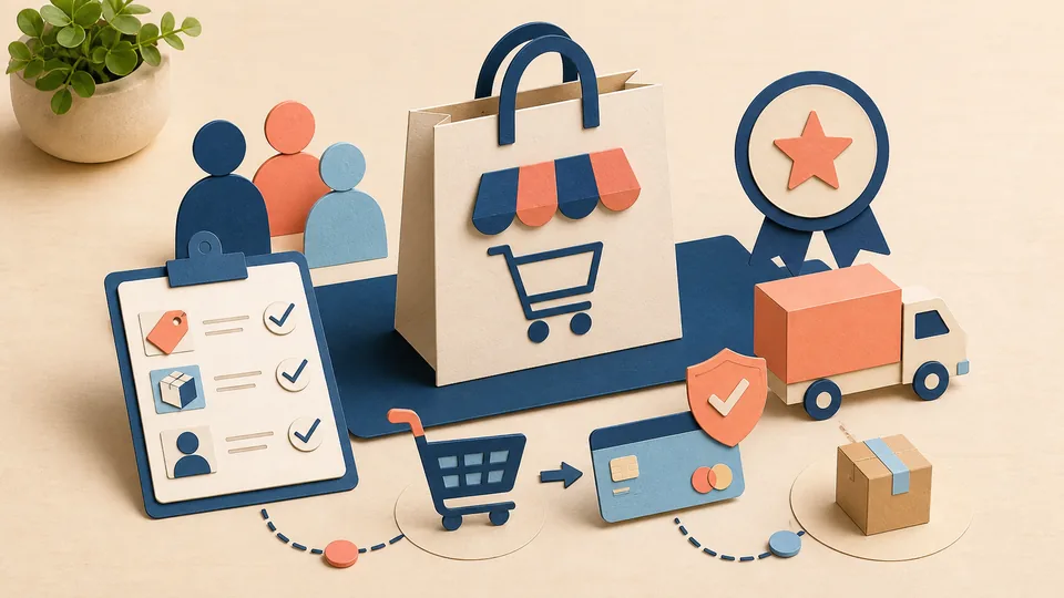 Helle Papercraft-Illustration zum Ratgeber Shopify für Unternehmen