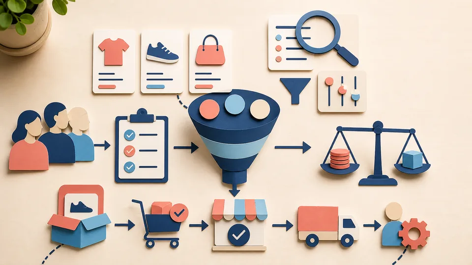 Helle Papercraft-Illustration zum Ratgeber Shopsystem systematisch auswählen