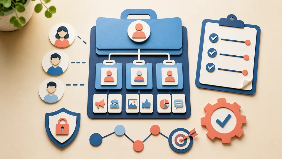 Helle Papercraft-Illustration zum Ratgeber Meta Business Manager strukturieren