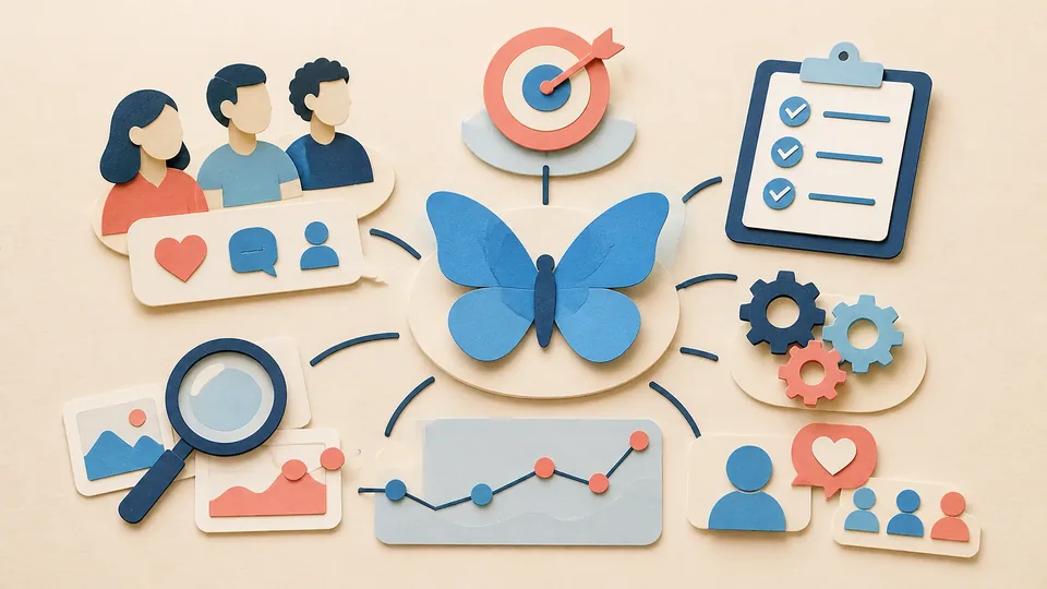 Helle Papercraft-Illustration zum Ratgeber Bluesky für Marken