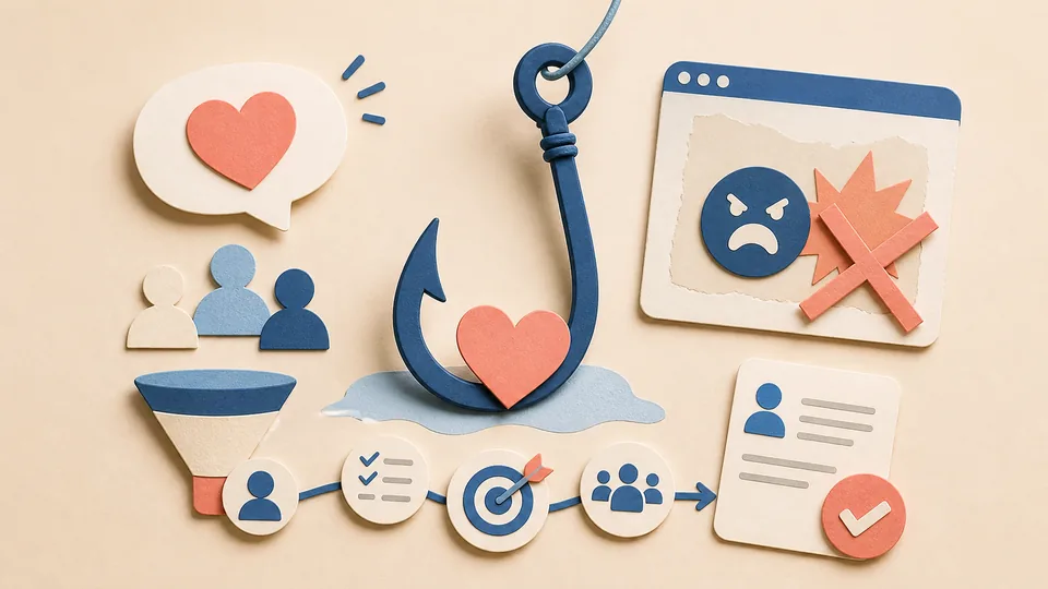 Helle Papercraft-Illustration zum Ratgeber Hooks ohne Clickbait