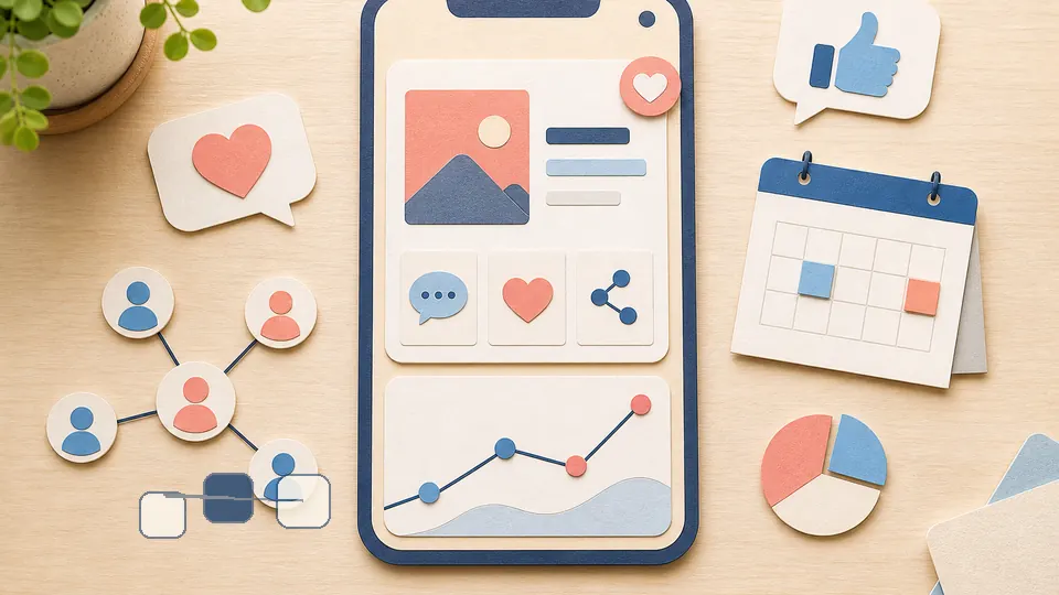 Helle Papercraft-Illustration zum Ratgeber Social-Media-KPIs auswählen