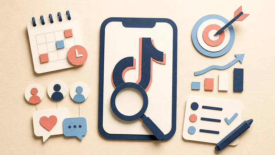 Helle Papercraft-Illustration zum Ratgeber TikTok SEO verstehen
