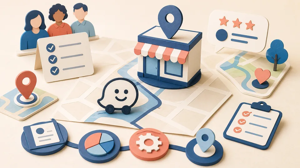 Helle Papercraft-Illustration zum Ratgeber Waze für lokale Unternehmen
