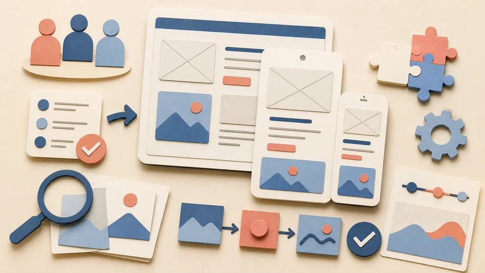 Helle Papercraft-Illustration zum Ratgeber Wireframes sinnvoll einsetzen
