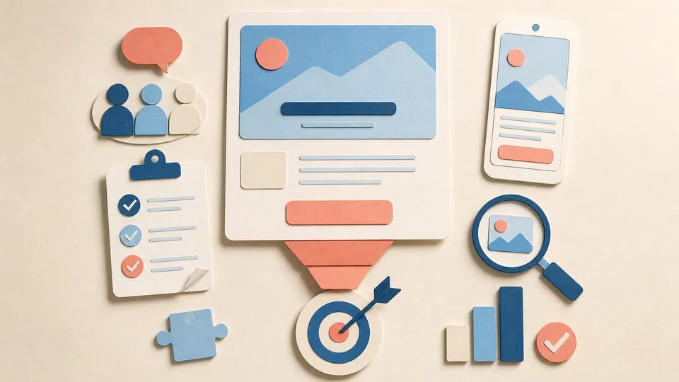 Helle Papercraft-Illustration zum Ratgeber Landingpages mit klarem Fokus